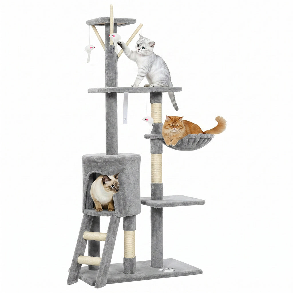 Rascador para Gatos PawHut 134 cm - Árbol con 6 Postes, 3 Plataformas, Cueva, Hamaca, Escalera y 4 Juguetes Colgantes