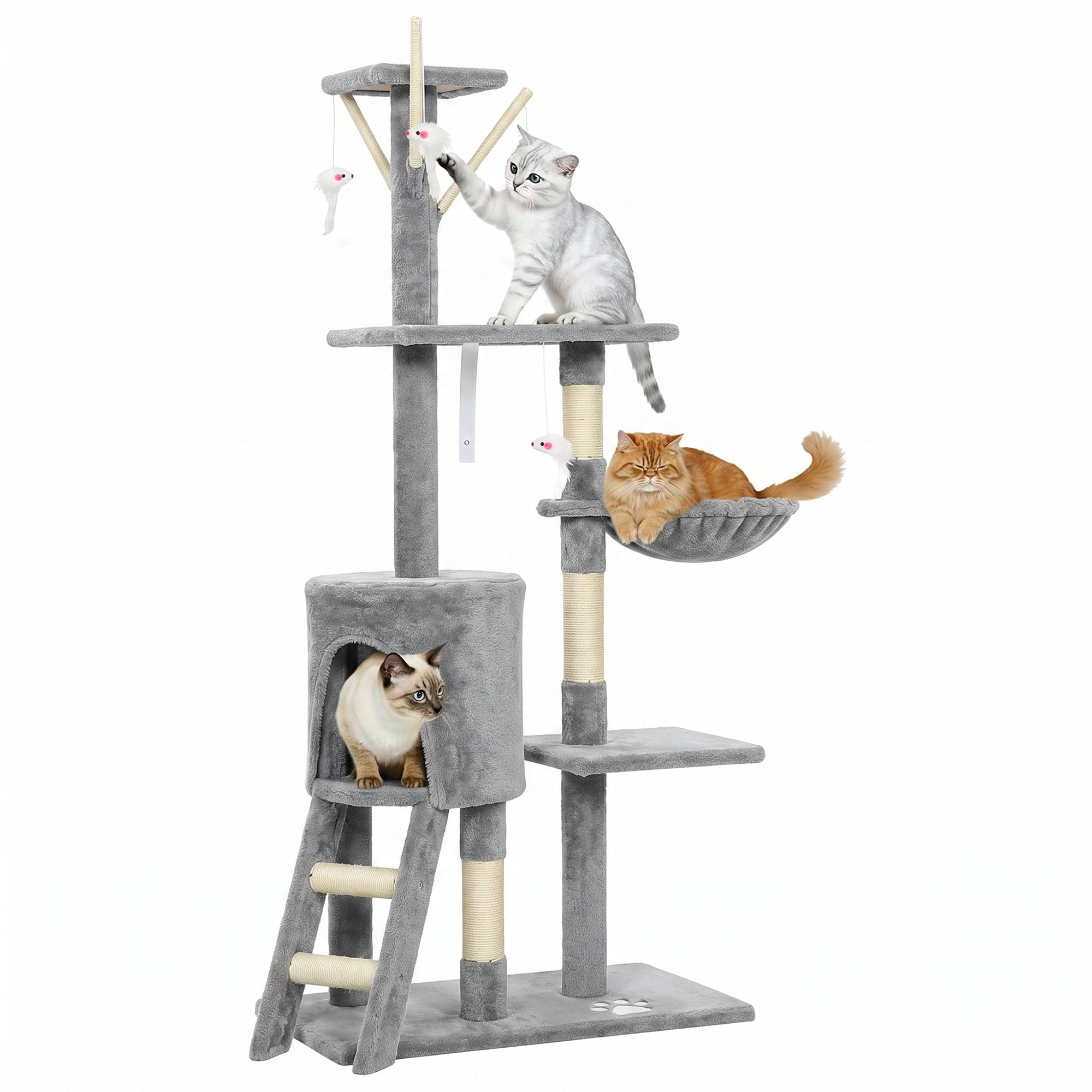 Rascador para Gatos PawHut 134 cm - Árbol con 6 Postes, 3 Plataformas, Cueva, Hamaca, Escalera y 4 Juguetes Colgantes
