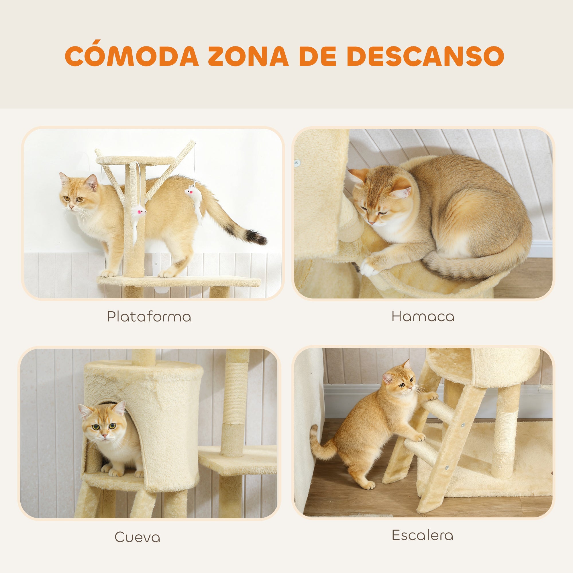 Rascador para Gatos PawHut 134 cm - Árbol con 6 Postes, 3 Plataformas, Cueva, Hamaca, Escalera y 4 Juguetes Colgantes