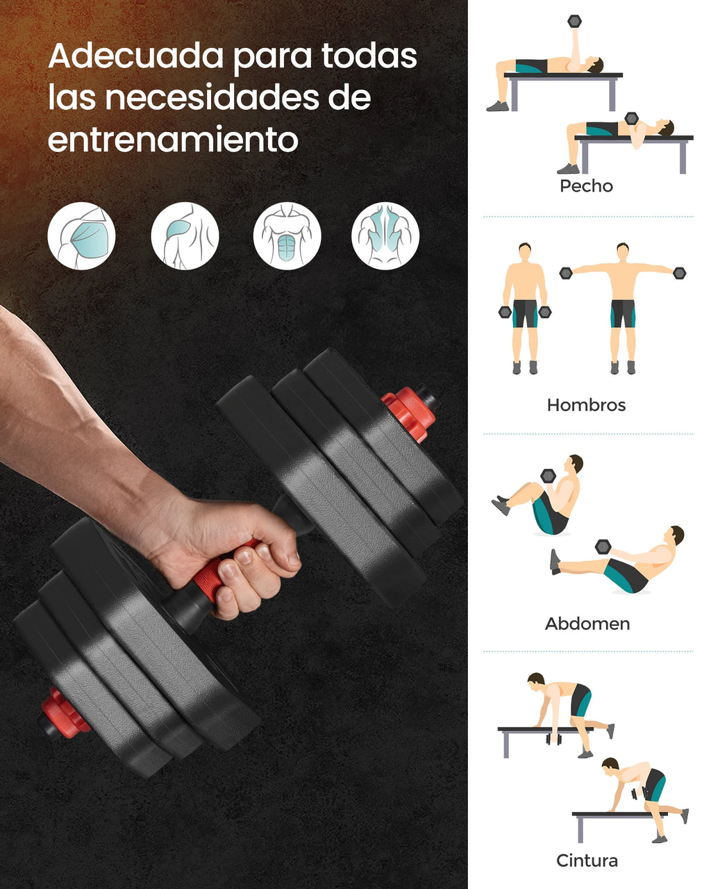 SONGMICS Set de Mancuernas 20 kg con Barra Conectora - Hexagonales, Peso Ajustable, para Hombre y Mujer, Negro Tinta