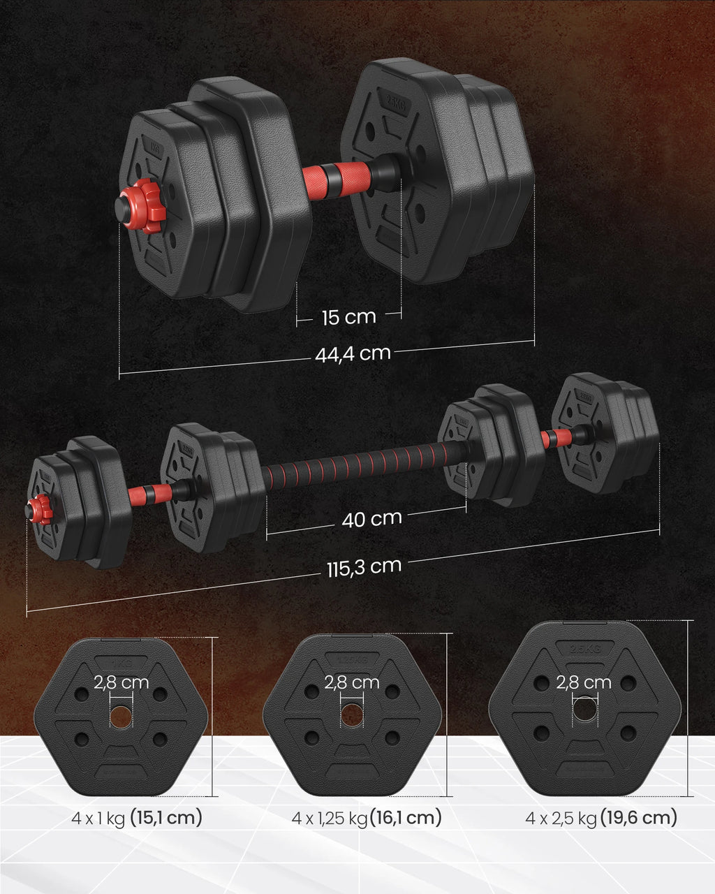 SONGMICS Set de Mancuernas 20 kg con Barra Conectora - Hexagonales, Peso Ajustable, para Hombre y Mujer, Negro Tinta