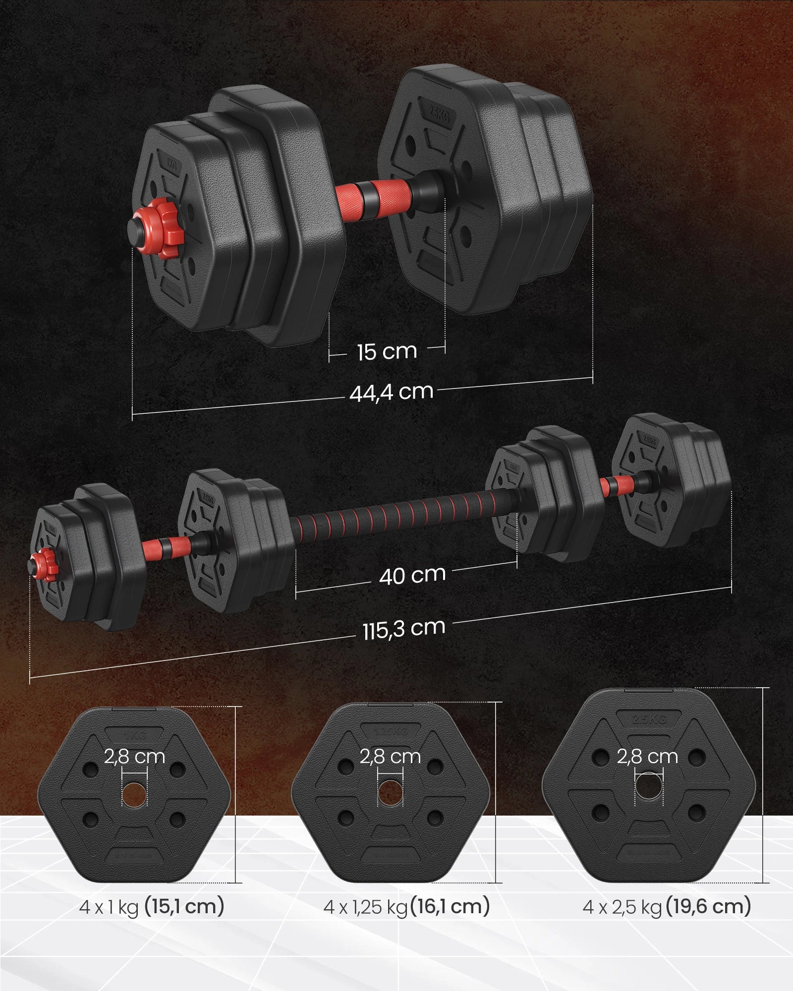 SONGMICS Set de Mancuernas 20 kg con Barra Conectora - Hexagonales, Peso Ajustable, para Hombre y Mujer, Negro Tinta