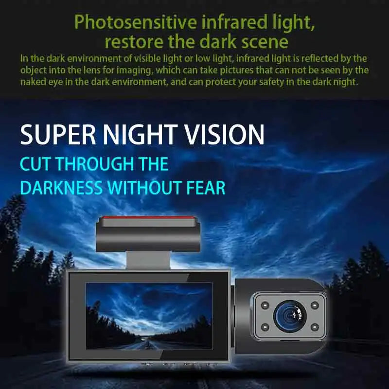Cámara de Coche Delantera y Trasera con Tarjeta SD 32GB - Pantalla IPS 3", Visión Nocturna y Grabación Continua