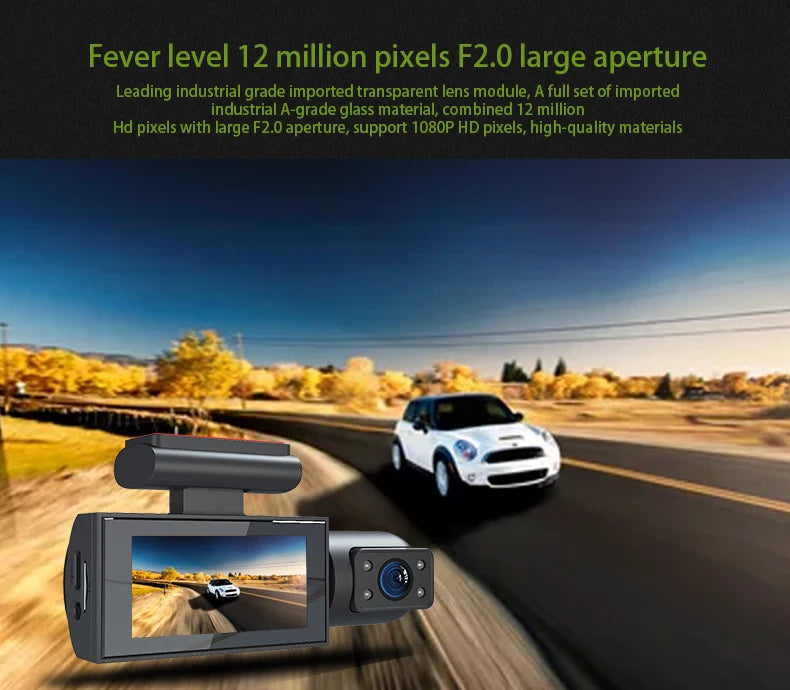 Cámara de Coche Delantera y Trasera con Tarjeta SD 32GB - Pantalla IPS 3", Visión Nocturna y Grabación Continua