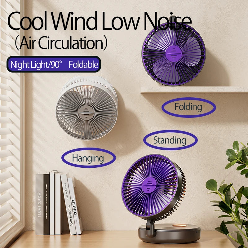 Ventilador Portátil Recargable 3 en 1 con 5000mAh - Plegable 90°, 4 Velocidades y Luz Nocturna Cálida