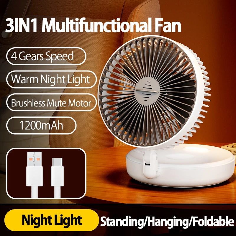 Ventilador Portátil Recargable 3 en 1 con 5000mAh - Plegable 90°, 4 Velocidades y Luz Nocturna Cálida