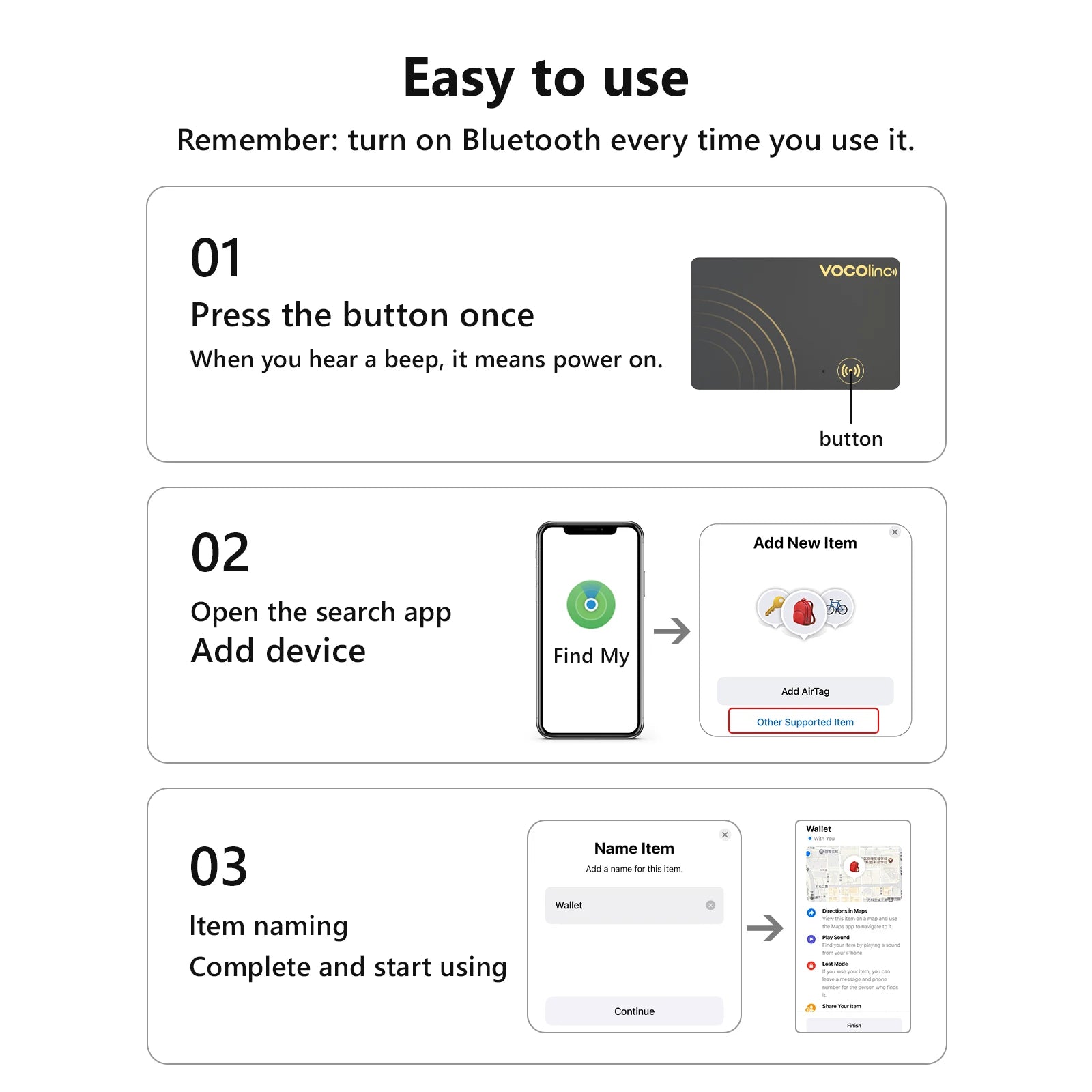 Tarjeta Localizadora Bluetooth VOCOlinc con Carga Inalámbrica - Localizador Global Smart Tag Compatible con Find My (iOS)