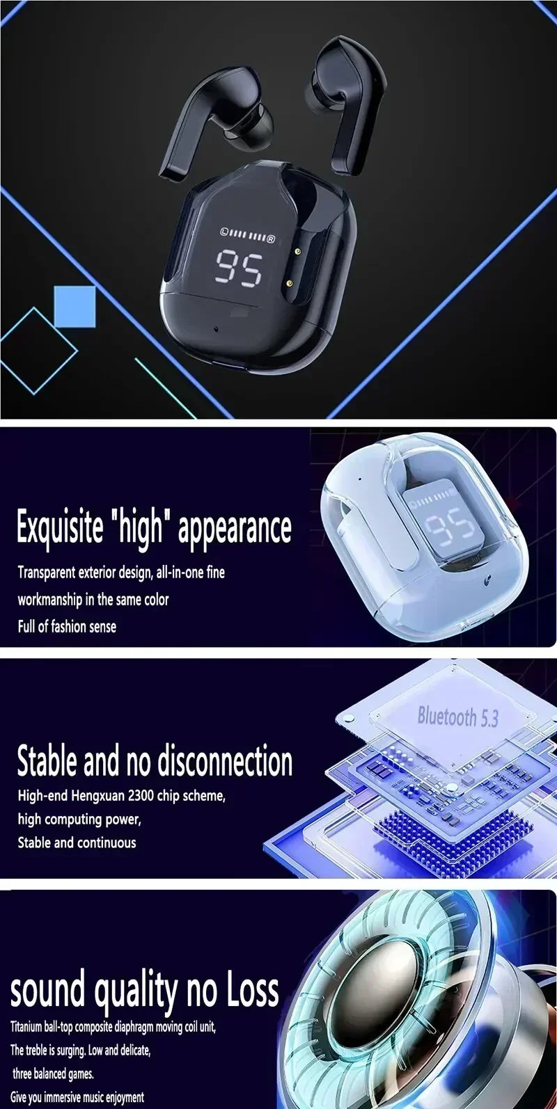 Auriculares TWS T2 Bluetooth Transparentes con ENC - Pantalla Digital de Carga, Sonido Estéreo para Móvil