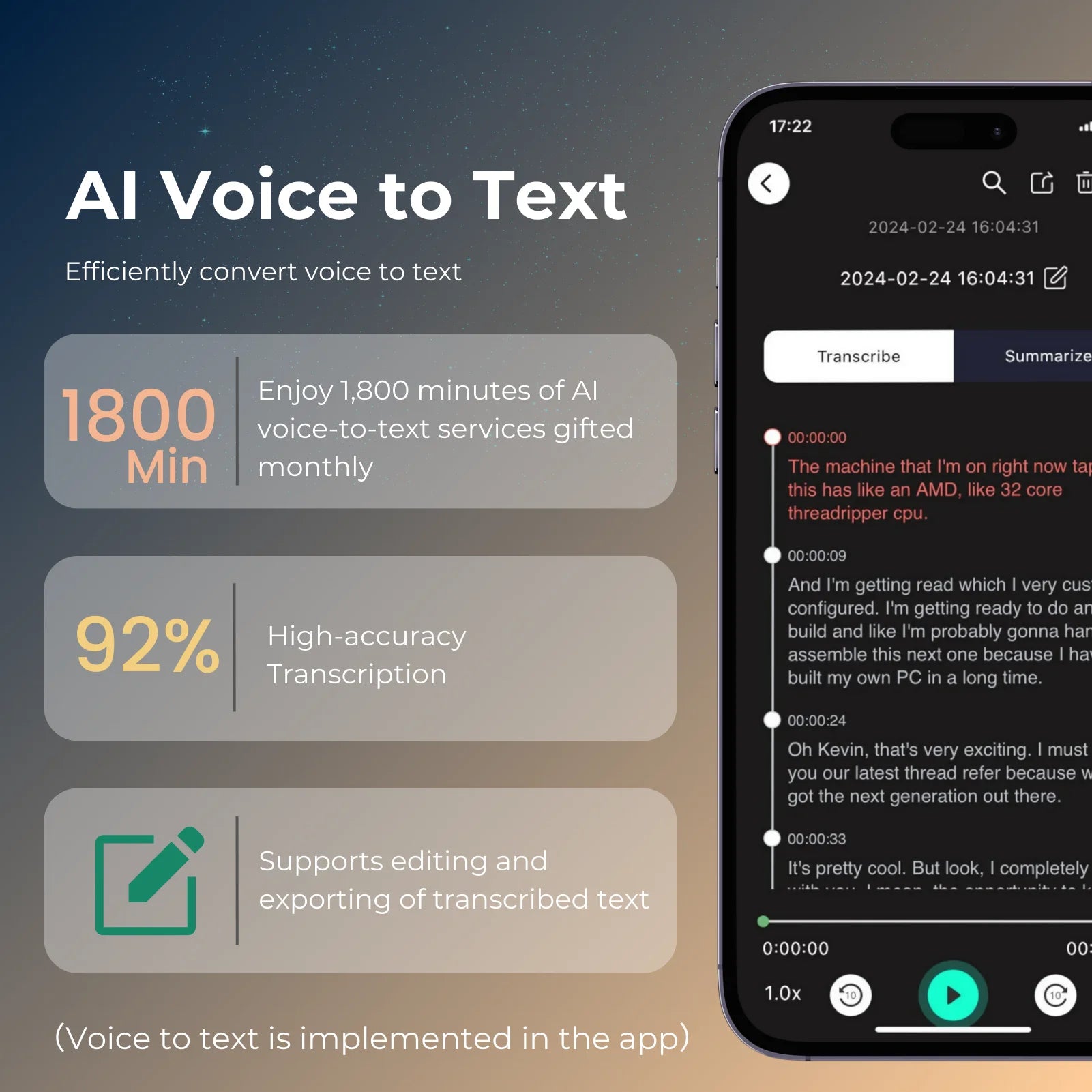 Grabadora de Voz con IA - Transcripción, Resumen y Traducción en 100 Idiomas, 64GB