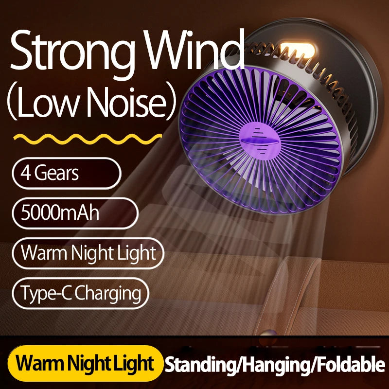 Ventilador Portátil Recargable 3 en 1 con 5000mAh - Plegable 90°, 4 Velocidades y Luz Nocturna Cálida