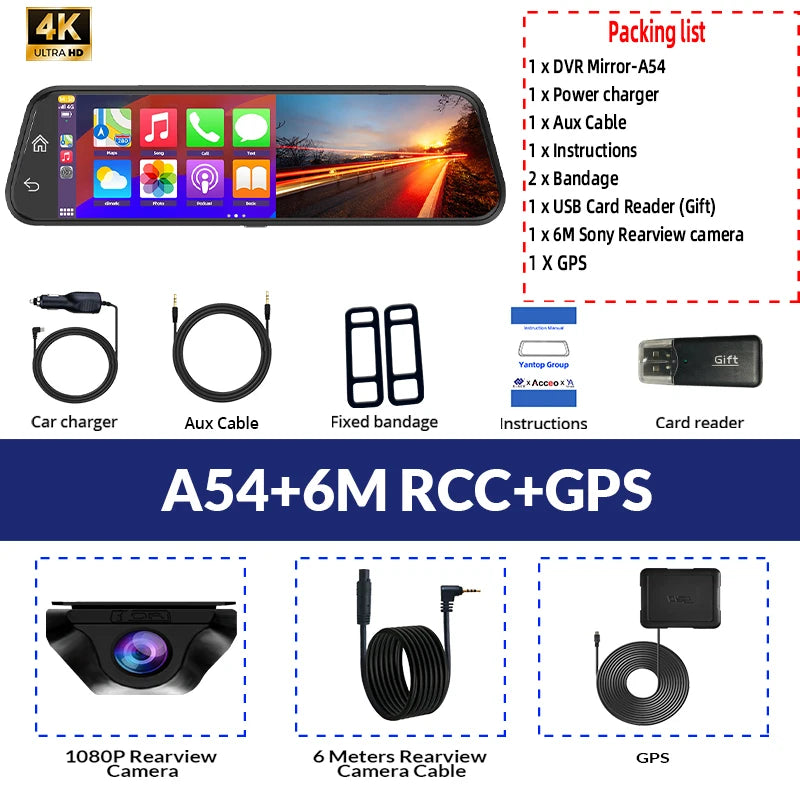 Espejo Retrovisor con Dashcam 4K 10" - Carplay Inalámbrico, Android Auto, GPS WiFi y Doble Objetivo