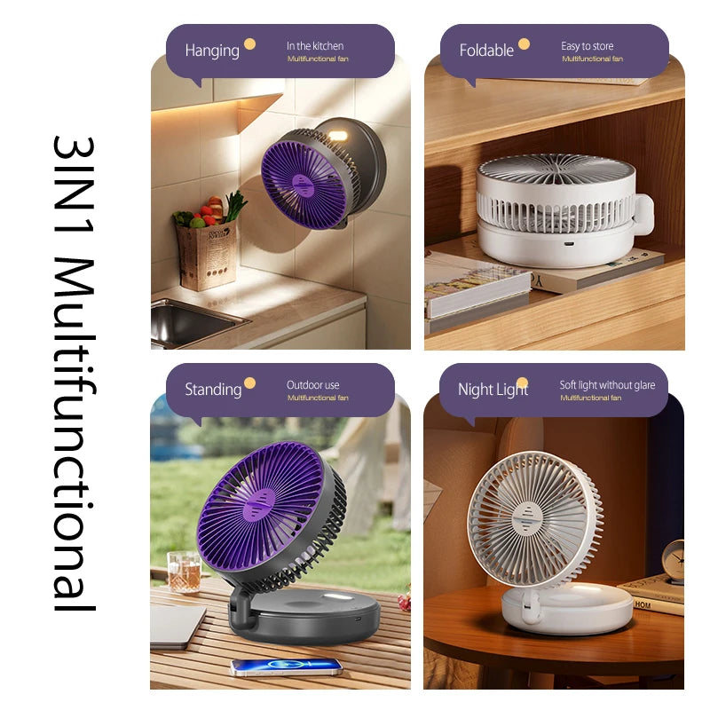 Ventilador Portátil Recargable 3 en 1 con 5000mAh - Plegable 90°, 4 Velocidades y Luz Nocturna Cálida
