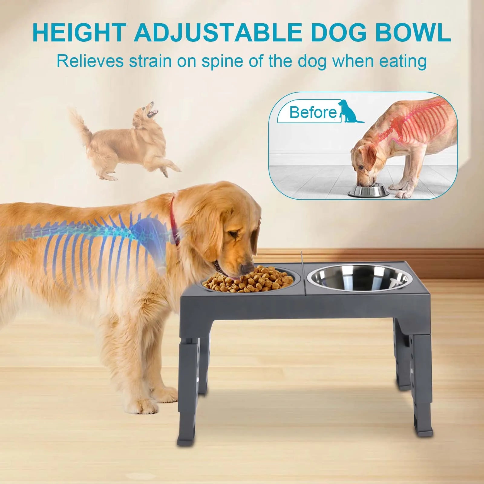 Elevated Dog Feeder Adjustable Raised Stand Dog Bowls with Double Stainless Steel Food Water Bowls for Small Medium Large Dogs