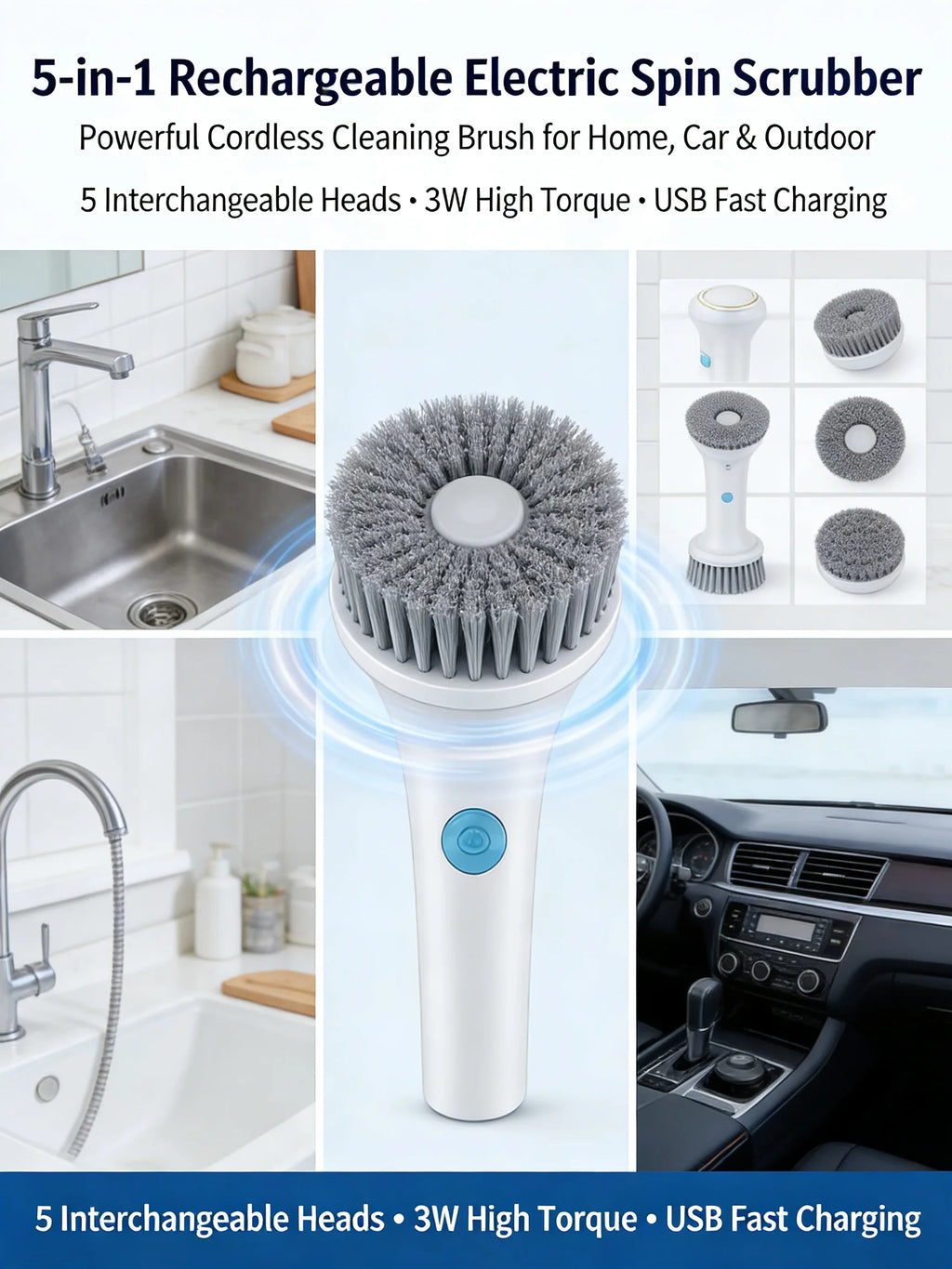 Cepillo Limpiador Eléctrico Recargable - Fregador Inalámbrico Potente para Cocina, Fregadero y Azulejos