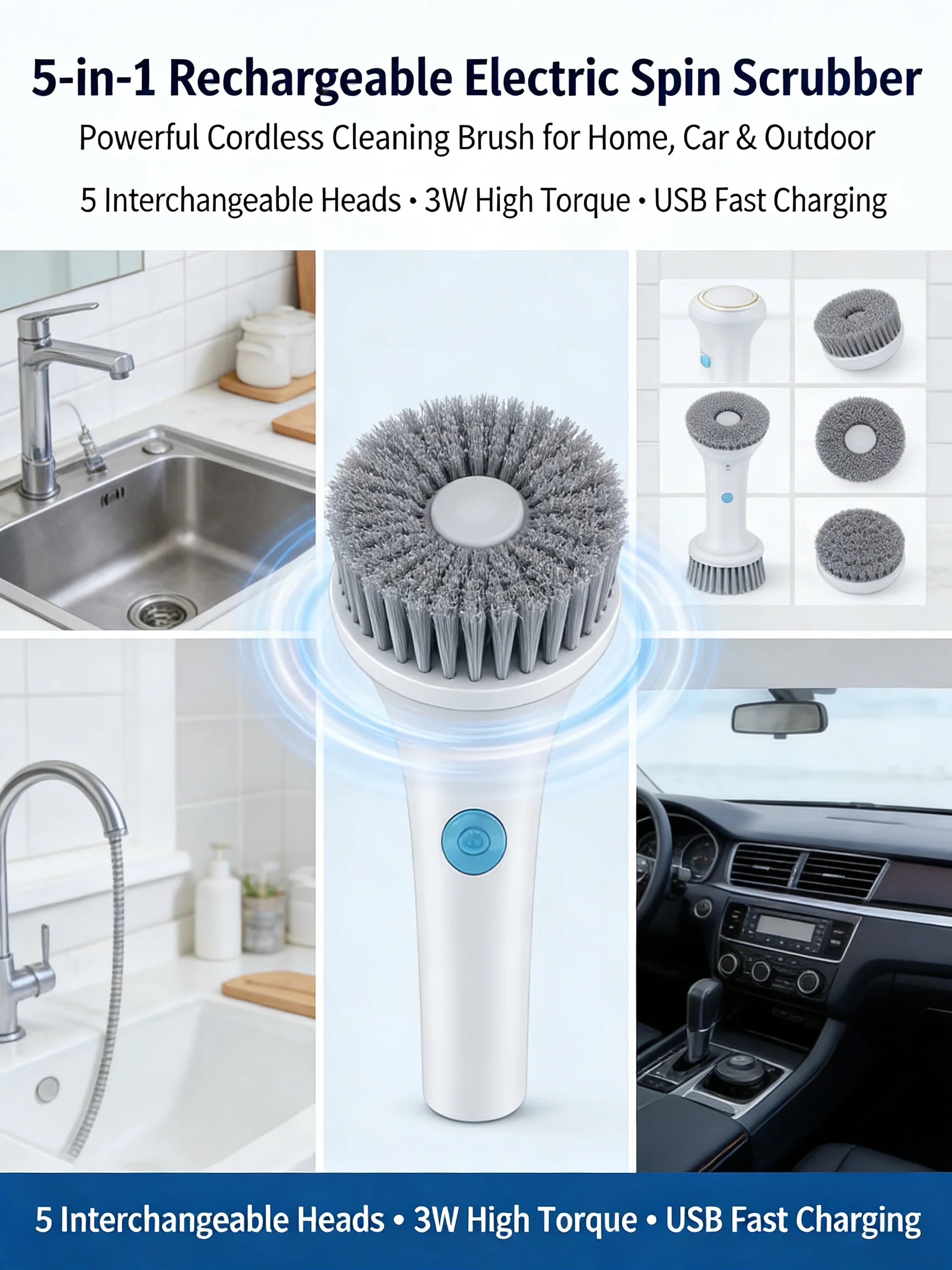 Cepillo Limpiador Eléctrico Recargable - Fregador Inalámbrico Potente para Cocina, Fregadero y Azulejos