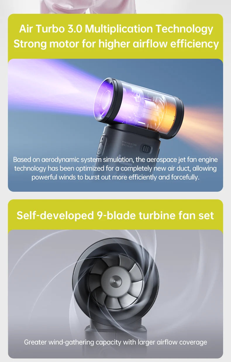 Ventilador de Mano JISULIFE Turbo - Super Potente, 5 Velocidades, 5000mAh Recargable USB, Multifunción de Bolsillo