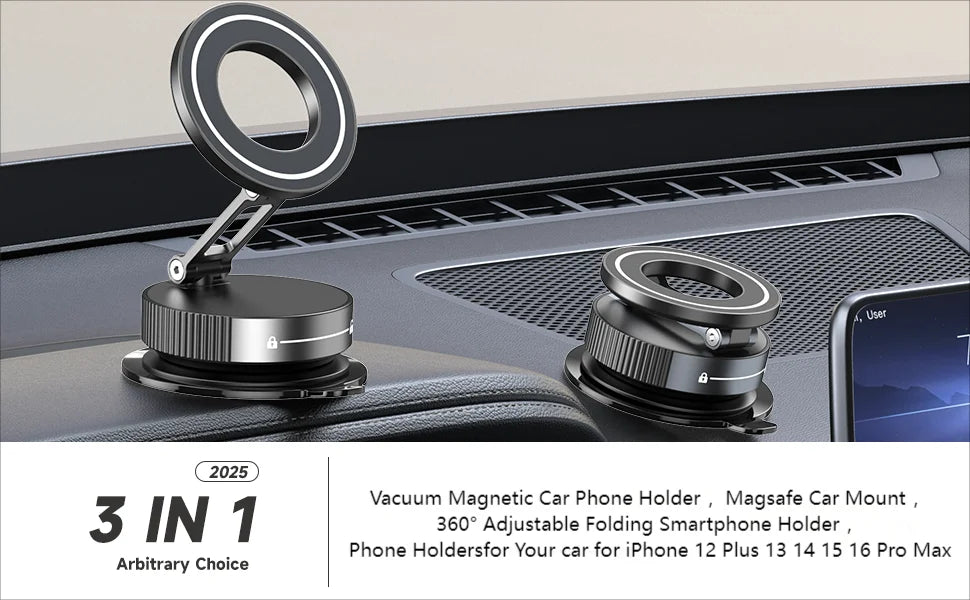Soporte Magnético para Móvil con Ventosa MagSafe - Ajustable 360°, Plegable y de Bolsillo para Coche