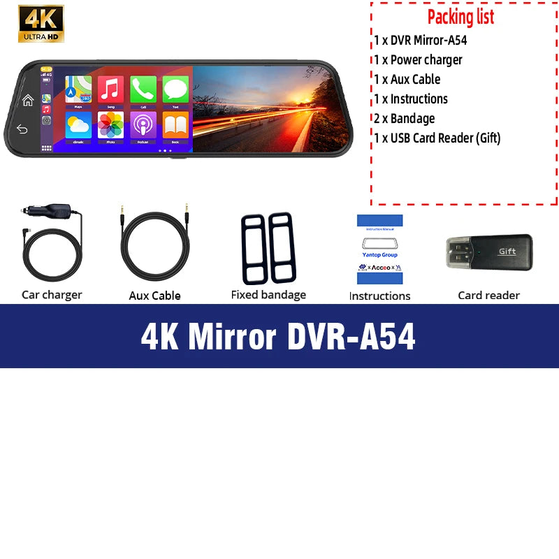 Espejo Retrovisor con Dashcam 4K 10" - Carplay Inalámbrico, Android Auto, GPS WiFi y Doble Objetivo