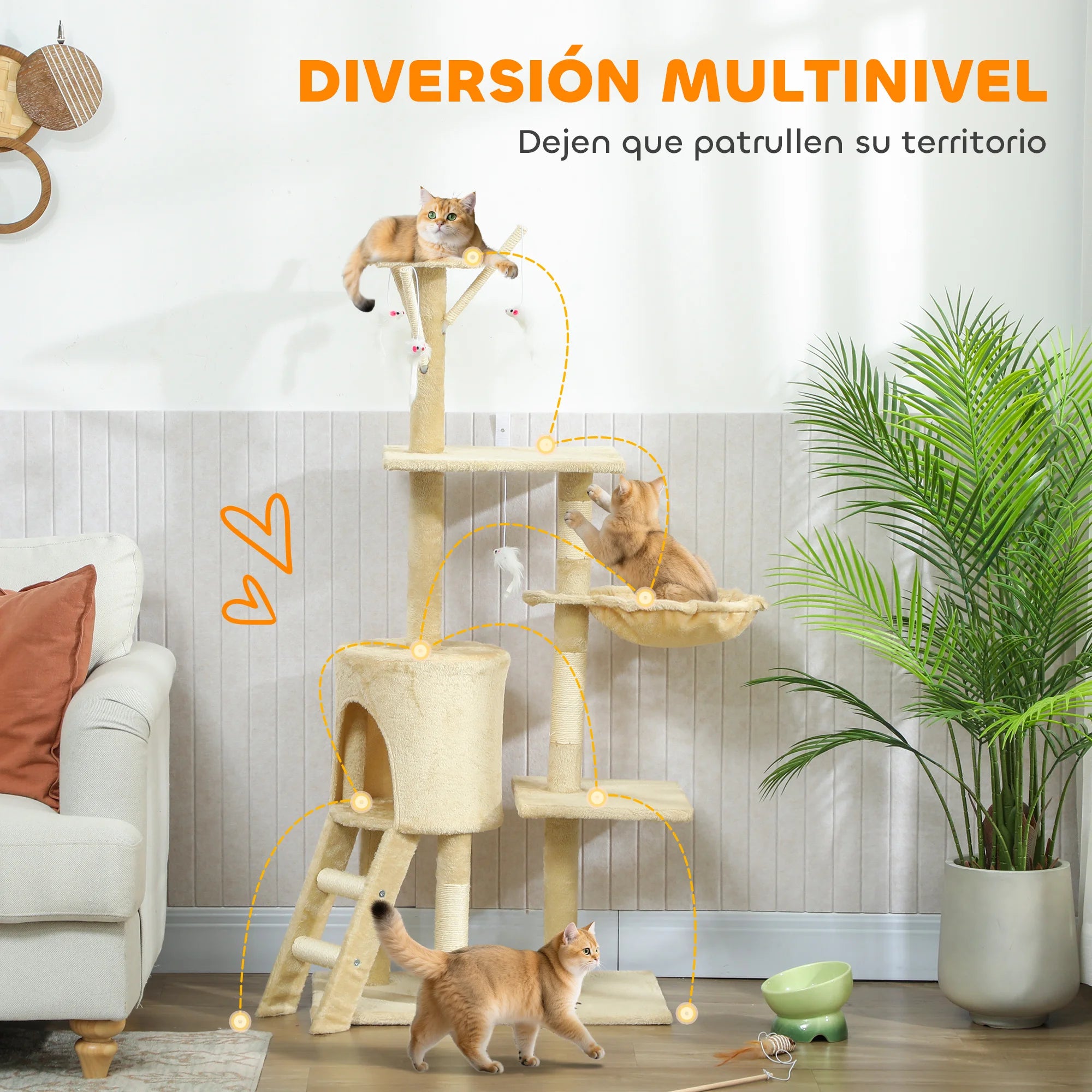 Rascador para Gatos PawHut 134 cm - Árbol con 6 Postes, 3 Plataformas, Cueva, Hamaca, Escalera y 4 Juguetes Colgantes