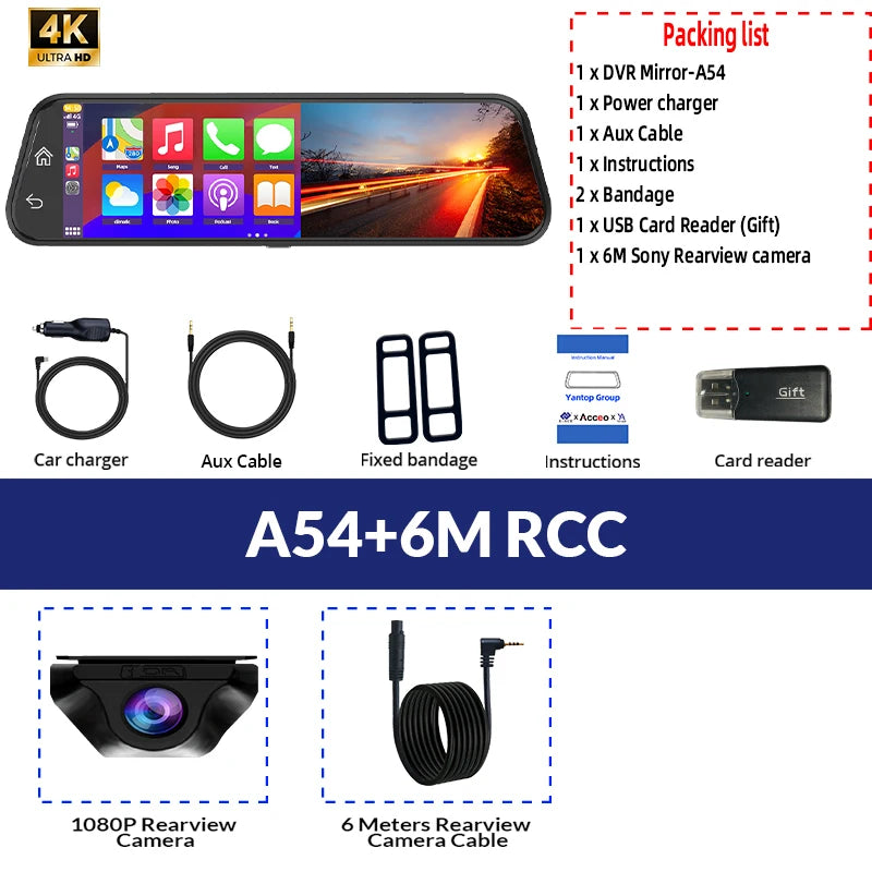 Espejo Retrovisor con Dashcam 4K 10" - Carplay Inalámbrico, Android Auto, GPS WiFi y Doble Objetivo