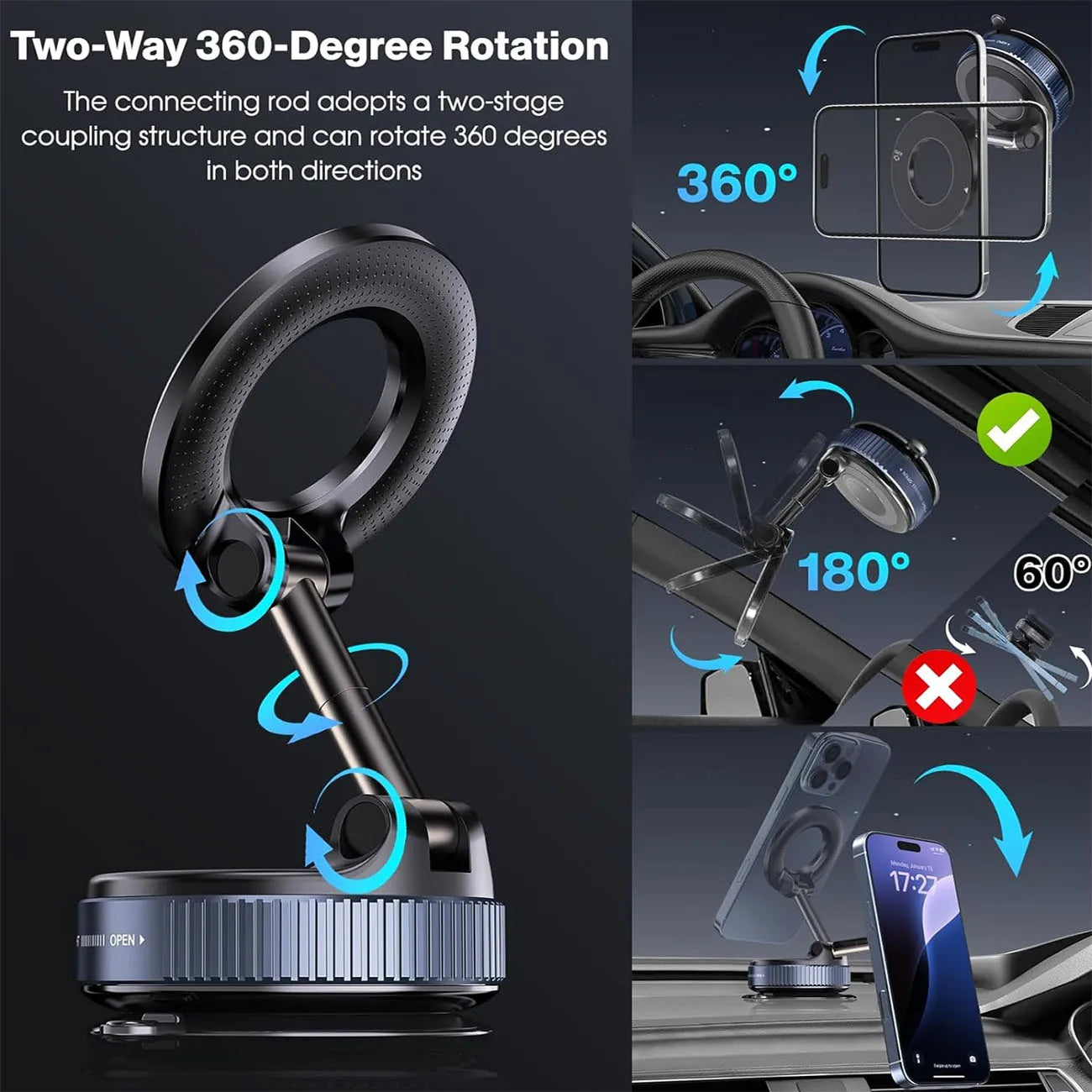 Soporte Magnético para Móvil con Ventosa MagSafe - Ajustable 360°, Plegable y de Bolsillo para Coche