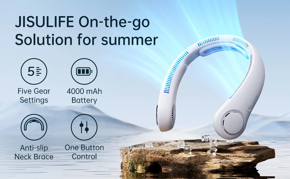 Ventilador de Cuello Portátil JISULIFE 5000mAh - 5 Velocidades, Soporte Cervical, Manos Libres para Exterior