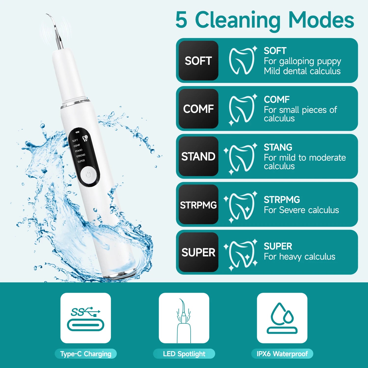 Limpiador Dental Ultrasónico para Perros y Gatos CURVY MOON - Eliminación de Sarro con Luz LED