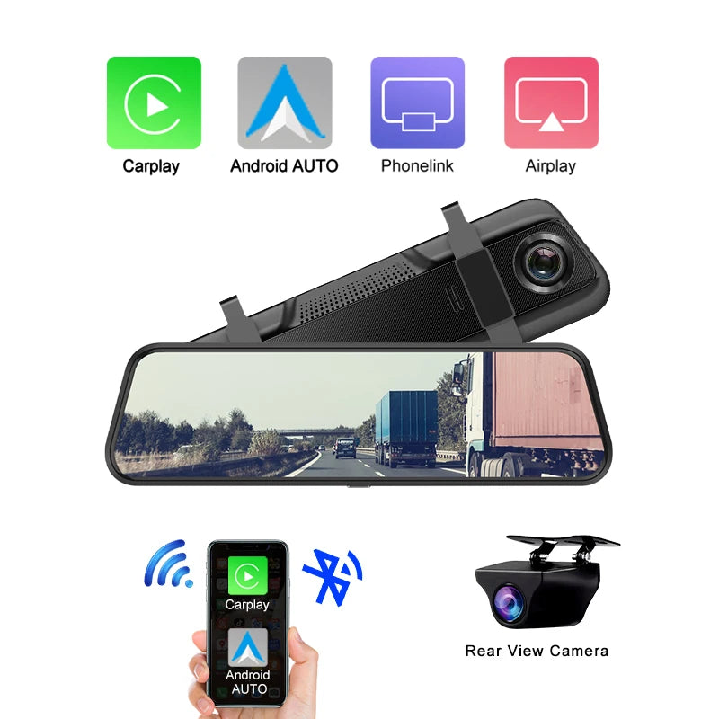 Espejo Retrovisor con Dashcam 4K 10" - Carplay Inalámbrico, Android Auto, GPS WiFi y Doble Objetivo