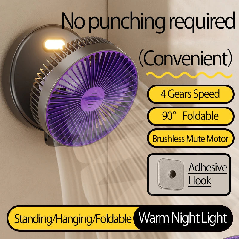 Ventilador Portátil Recargable 3 en 1 con 5000mAh - Plegable 90°, 4 Velocidades y Luz Nocturna Cálida