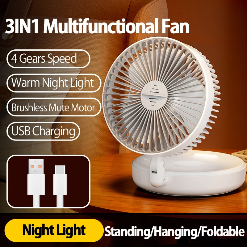 Ventilador Portátil Recargable 3 en 1 con 5000mAh - Plegable 90°, 4 Velocidades y Luz Nocturna Cálida