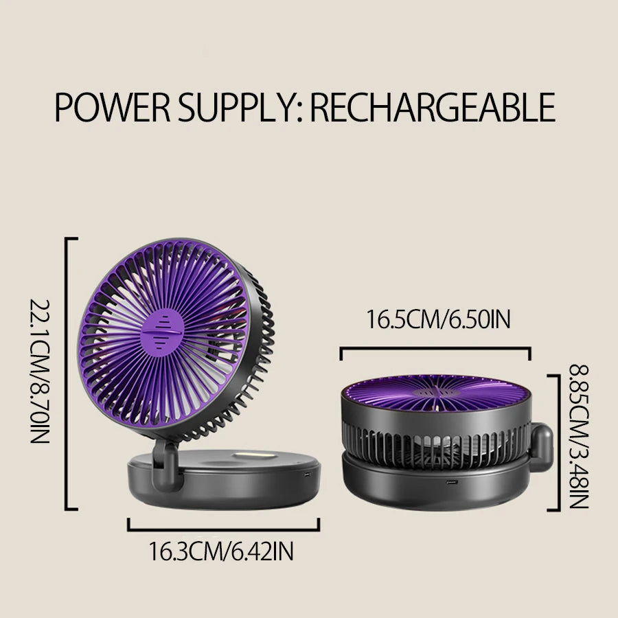 Ventilador Portátil Recargable 3 en 1 con 5000mAh - Plegable 90°, 4 Velocidades y Luz Nocturna Cálida