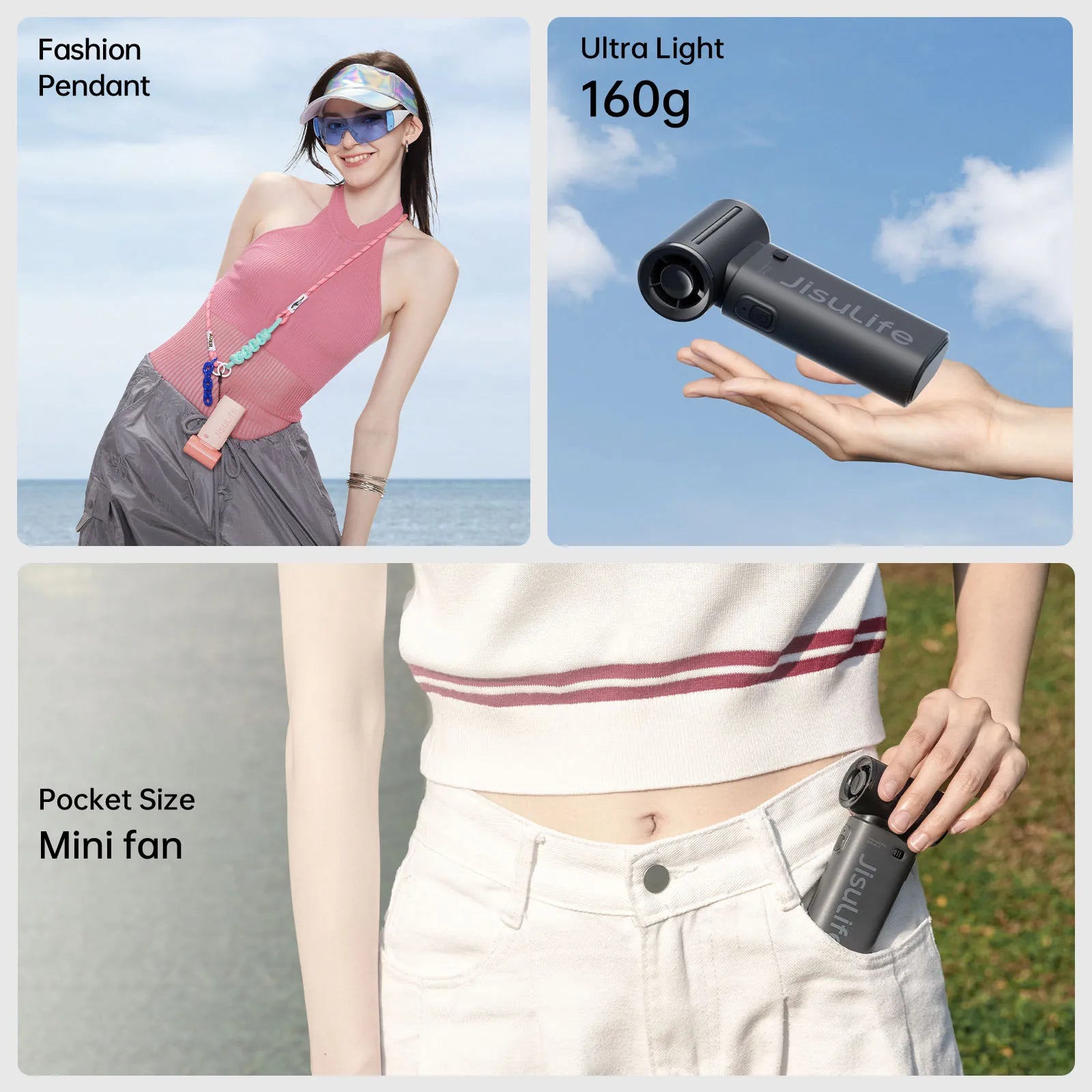 Ventilador de Mano JISULIFE Turbo - Super Potente, 5 Velocidades, 5000mAh Recargable USB, Multifunción de Bolsillo