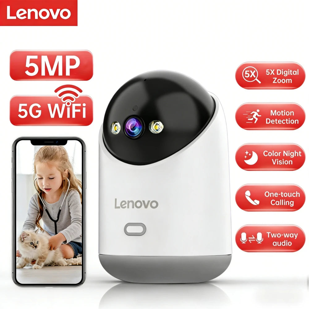 Cámara IP WiFi Lenovo Interior 5MP - Visión Nocturna en Color, Seguimiento Automático, Monitor de Bebé y Seguridad CCTV