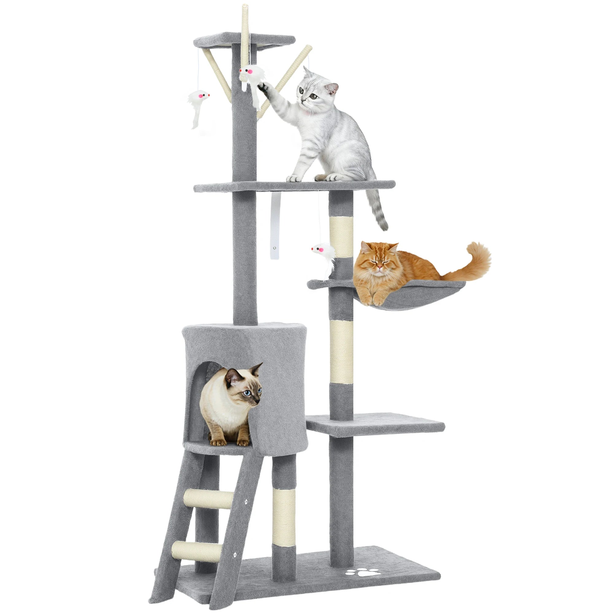 Rascador para Gatos PawHut 134 cm - Árbol con 6 Postes, 3 Plataformas, Cueva, Hamaca, Escalera y 4 Juguetes Colgantes