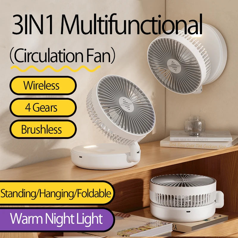 Ventilador Portátil Recargable 3 en 1 con 5000mAh - Plegable 90°, 4 Velocidades y Luz Nocturna Cálida
