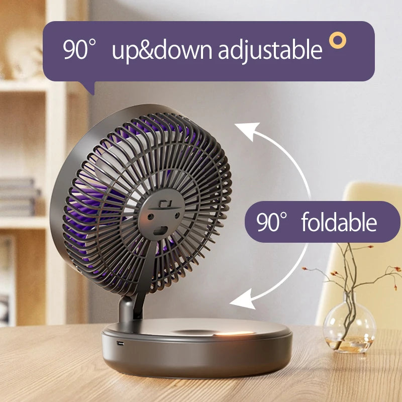 Ventilador Portátil Recargable 3 en 1 con 5000mAh - Plegable 90°, 4 Velocidades y Luz Nocturna Cálida