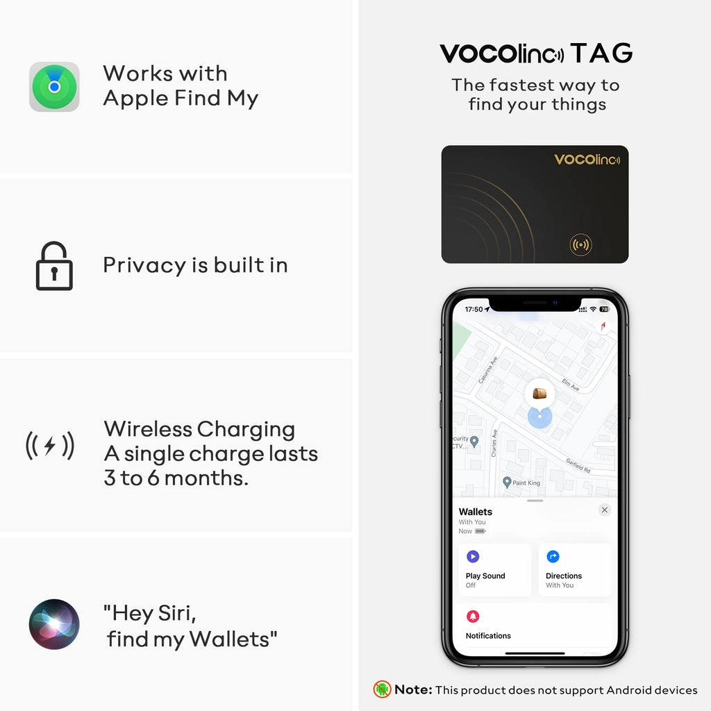 Tarjeta Localizadora Bluetooth VOCOlinc con Carga Inalámbrica - Localizador Global Smart Tag Compatible con Find My (iOS)