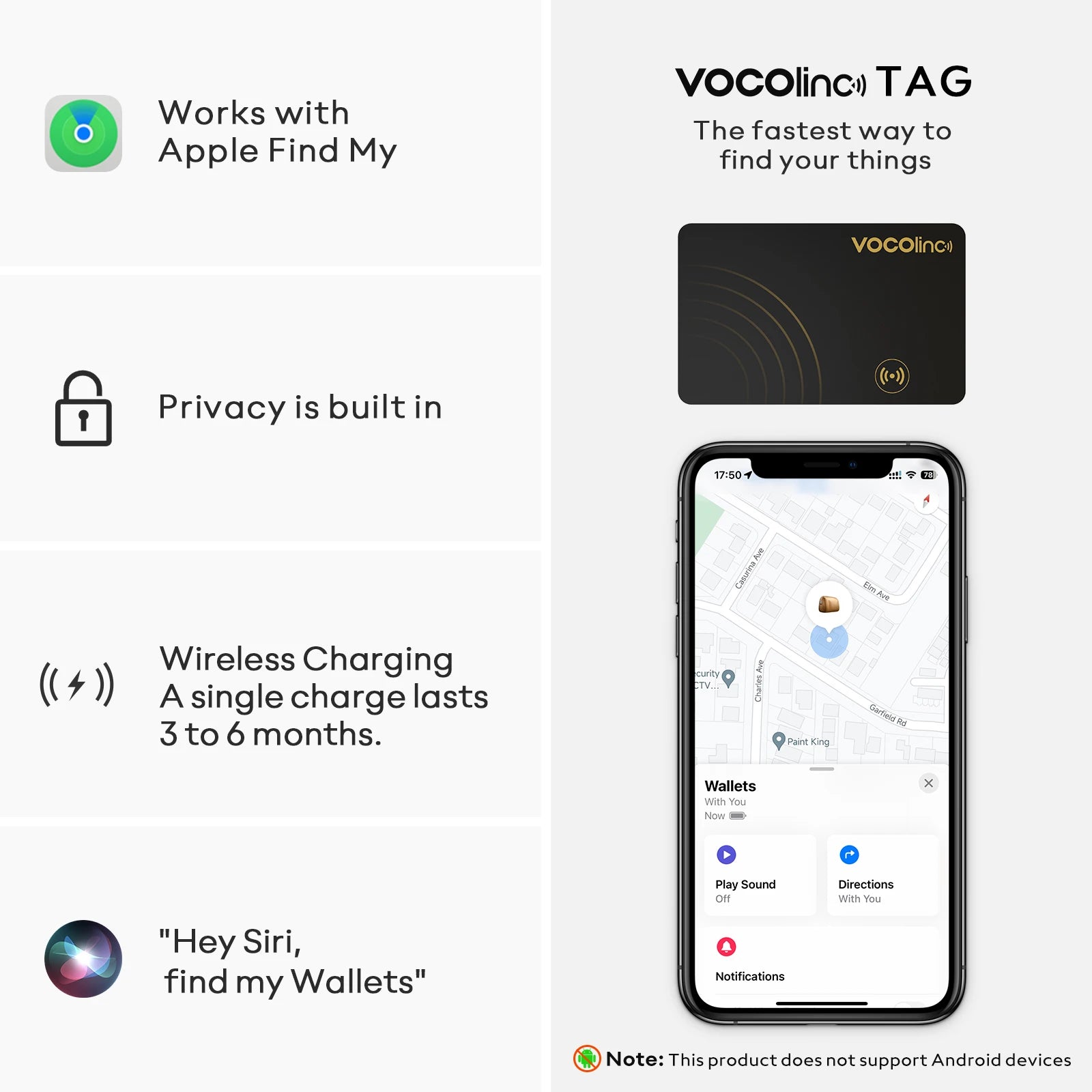 Tarjeta Localizadora Bluetooth VOCOlinc con Carga Inalámbrica - Localizador Global Smart Tag Compatible con Find My (iOS)