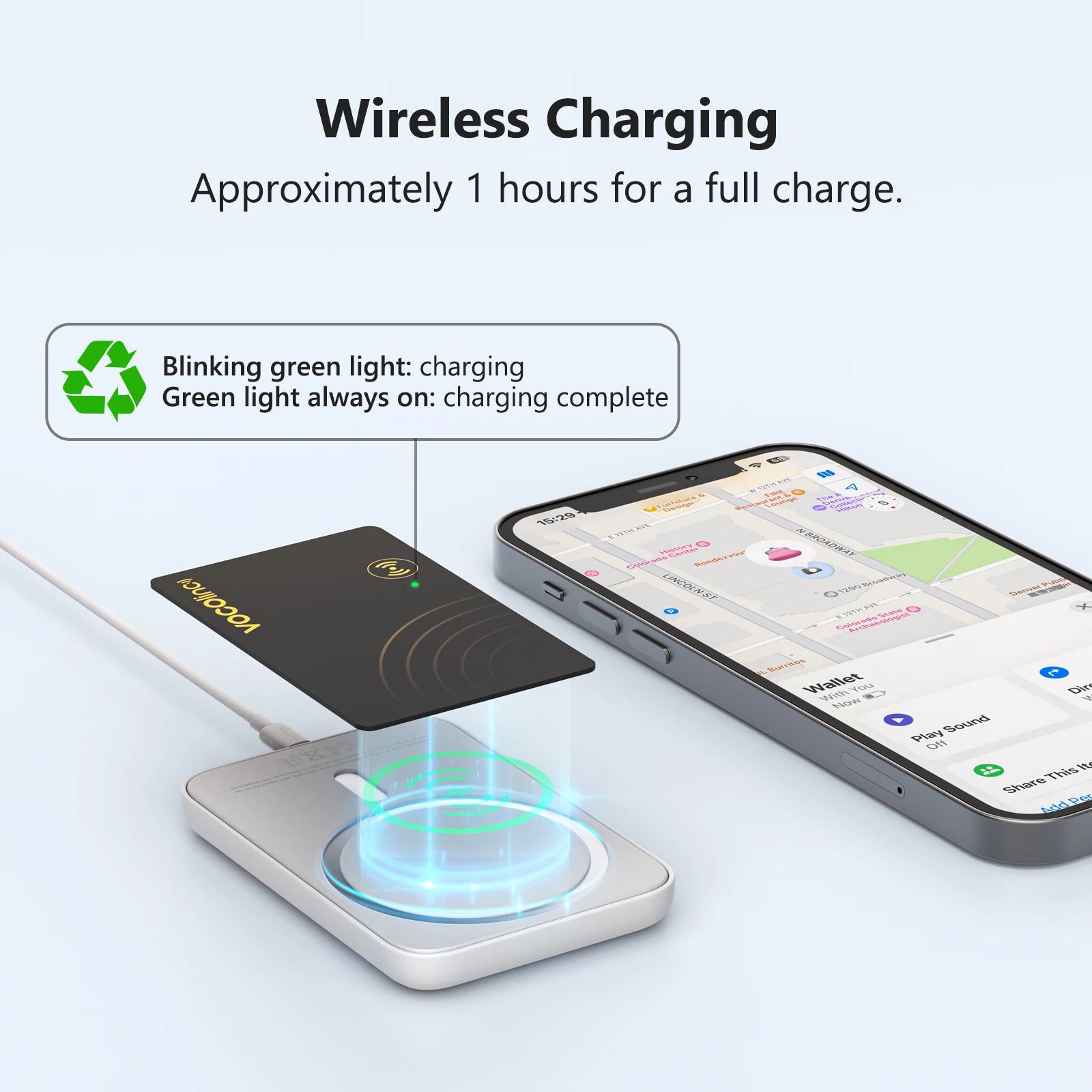 Tarjeta Localizadora Bluetooth VOCOlinc con Carga Inalámbrica - Localizador Global Smart Tag Compatible con Find My (iOS)