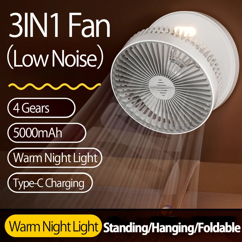 Ventilador Portátil Recargable 3 en 1 con 5000mAh - Plegable 90°, 4 Velocidades y Luz Nocturna Cálida