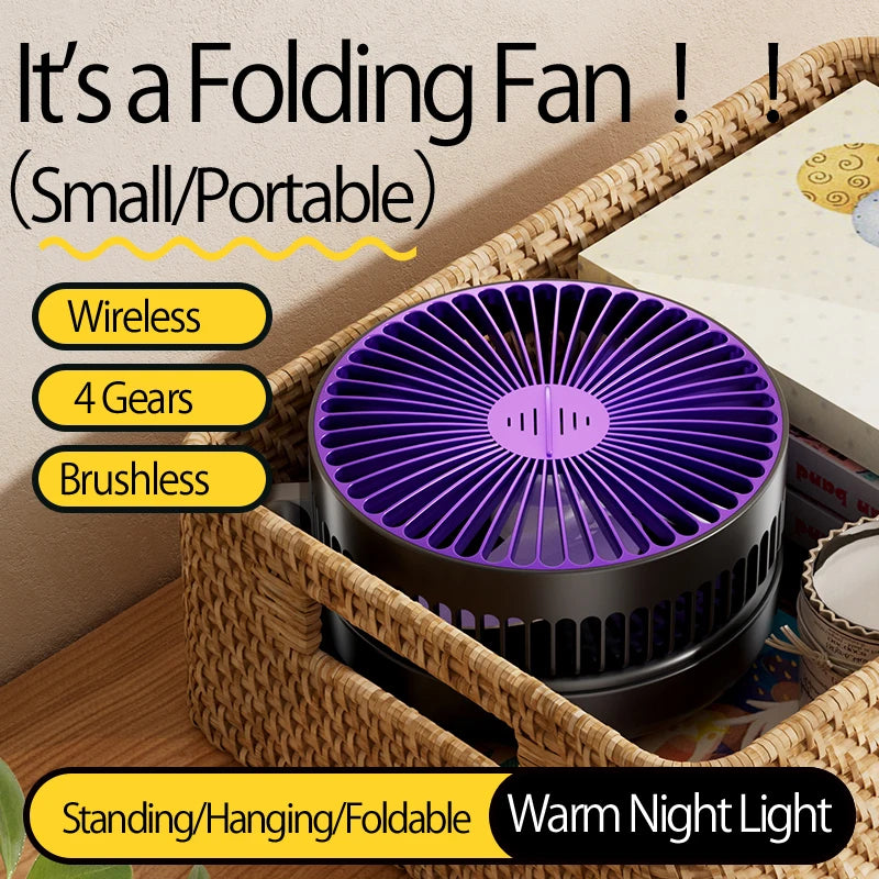 Ventilador Portátil Recargable 3 en 1 con 5000mAh - Plegable 90°, 4 Velocidades y Luz Nocturna Cálida