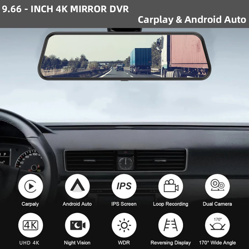 Espejo Retrovisor con Dashcam 4K 10" - Carplay Inalámbrico, Android Auto, GPS WiFi y Doble Objetivo
