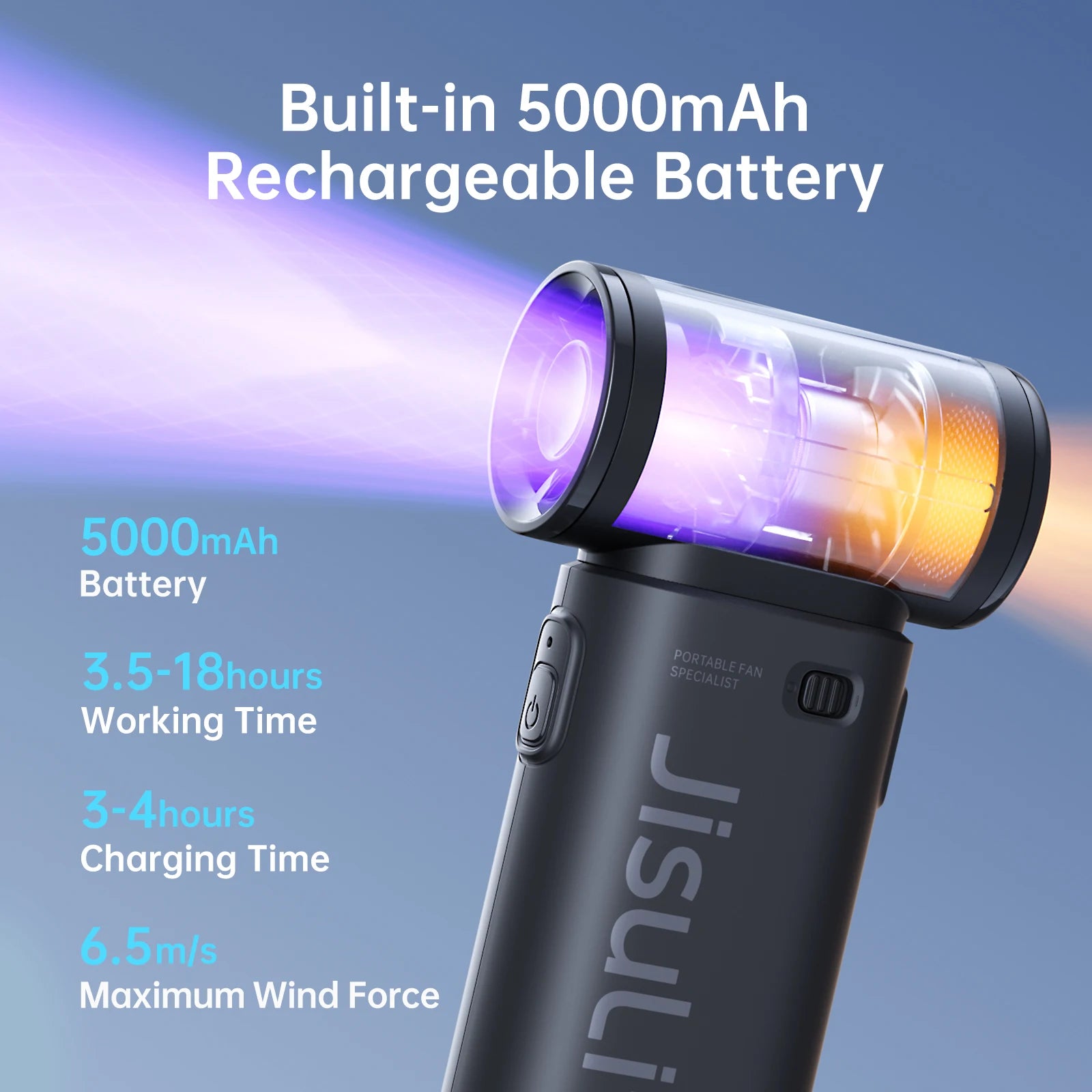 Ventilador de Mano JISULIFE Turbo - Super Potente, 5 Velocidades, 5000mAh Recargable USB, Multifunción de Bolsillo