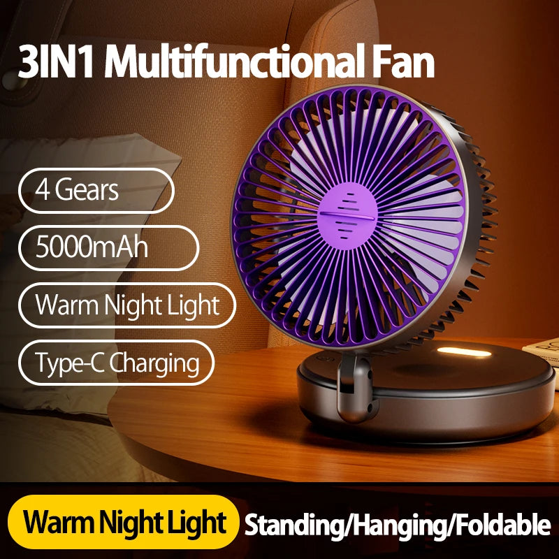 Ventilador Portátil Recargable 3 en 1 con 5000mAh - Plegable 90°, 4 Velocidades y Luz Nocturna Cálida
