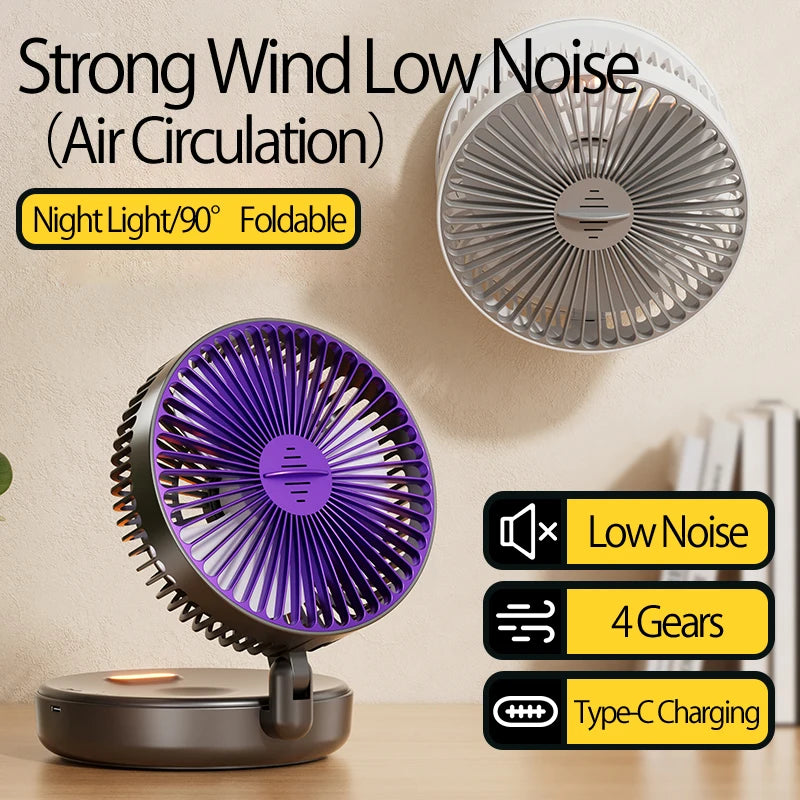 Ventilador Portátil Recargable 3 en 1 con 5000mAh - Plegable 90°, 4 Velocidades y Luz Nocturna Cálida