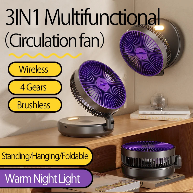 Ventilador Portátil Recargable 3 en 1 con 5000mAh - Plegable 90°, 4 Velocidades y Luz Nocturna Cálida