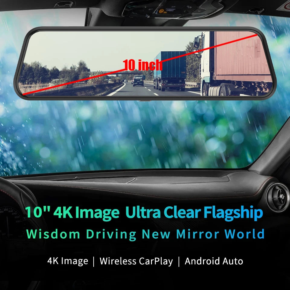 Espejo Retrovisor con Dashcam 4K 10" - Carplay Inalámbrico, Android Auto, GPS WiFi y Doble Objetivo
