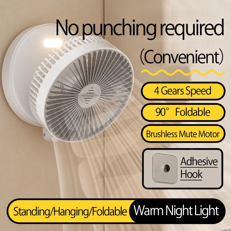 Ventilador Portátil Recargable 3 en 1 con 5000mAh - Plegable 90°, 4 Velocidades y Luz Nocturna Cálida