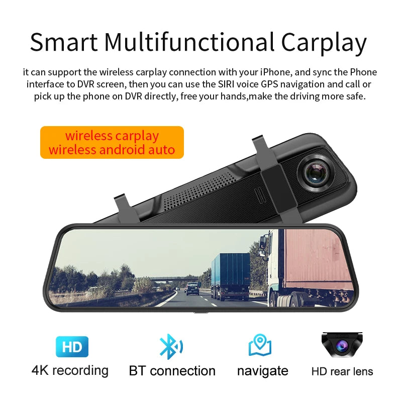 Espejo Retrovisor con Dashcam 4K 10" - Carplay Inalámbrico, Android Auto, GPS WiFi y Doble Objetivo