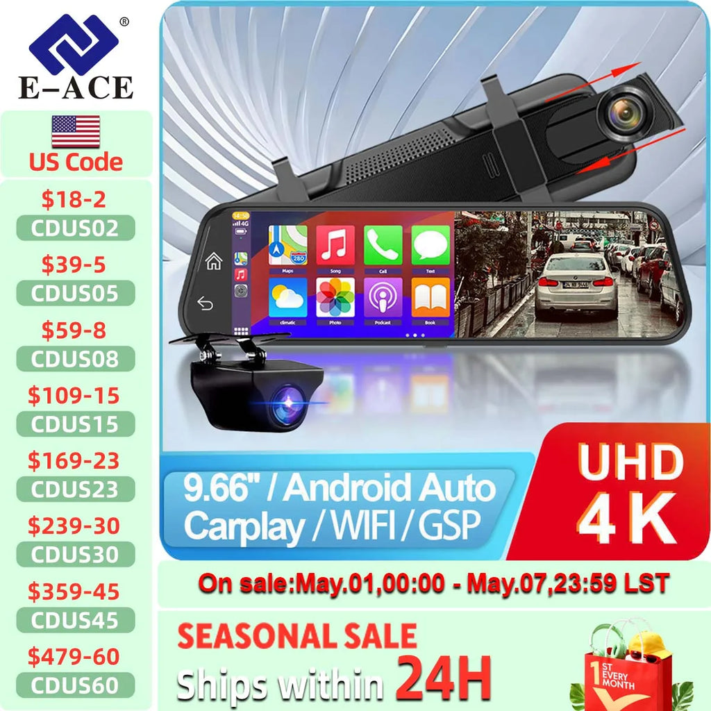 Espejo Retrovisor con Dashcam 4K 10" - Carplay Inalámbrico, Android Auto, GPS WiFi y Doble Objetivo